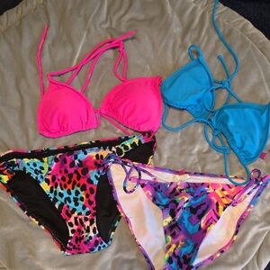 2 Mixed Bikini Sets - 4 Pc - Hot Pink & Turquoise Tops with Multicolor Bottoms